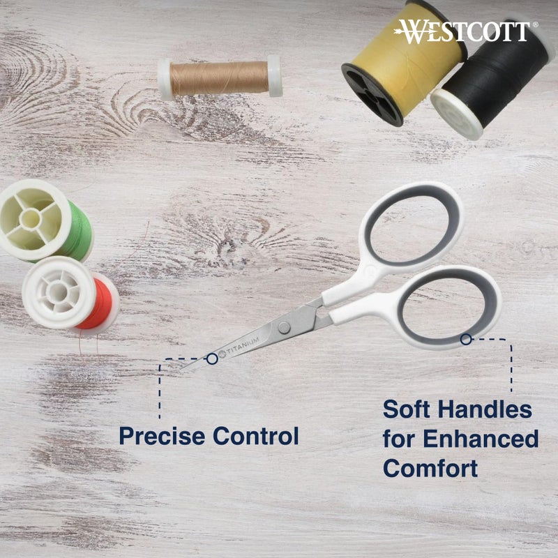 Westcott 4" Embroidery Scissors with Curved Titanium-Bonded Blades for Flush Trimming, Crafting, Sewing & More (White/Gray) - Image 3