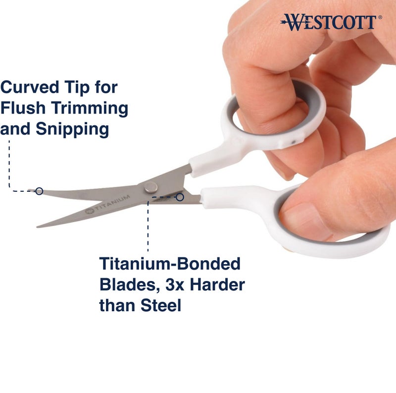 Westcott 4" Embroidery Scissors with Curved Titanium-Bonded Blades for Flush Trimming, Crafting, Sewing & More (White/Gray) - Image 2