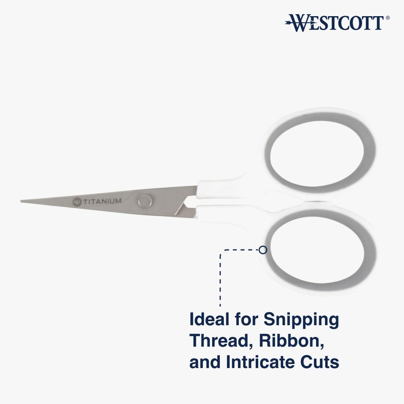 Westcott 4" Embroidery Scissors with Curved Titanium-Bonded Blades for Flush Trimming, Crafting, Sewing & More (White/Gray) - Image 4