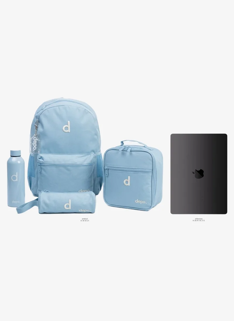 Depo DEPO Premium 4-Piece School Essentials Set – 44cm Water-Resistant Backpack, Insulated Lunch Bag, Pencil Case & 500ml Stainless Steel Water Bottle | Lightweight | Sky Blue