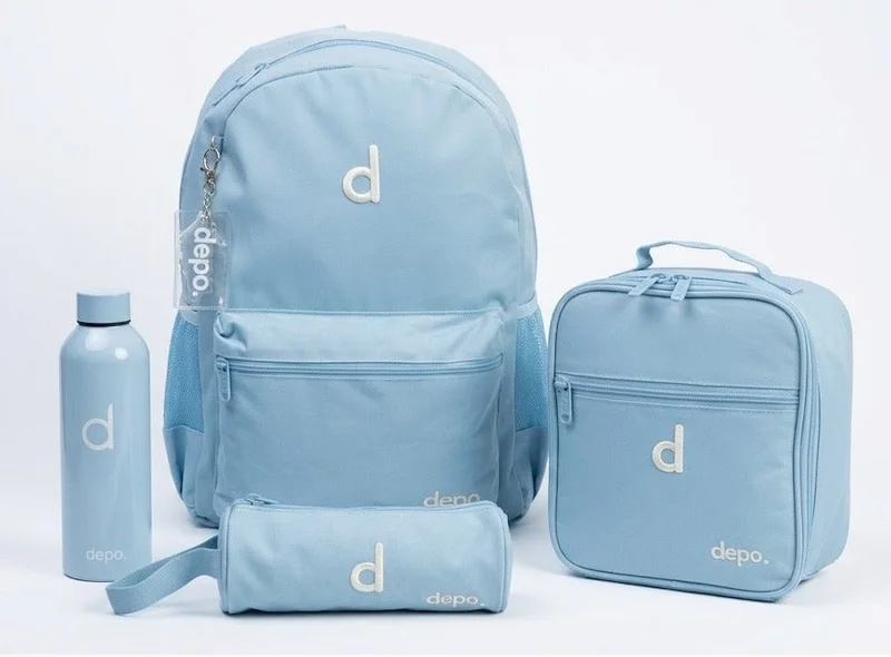 Depo DEPO Premium 4-Piece School Essentials Set – 44cm Water-Resistant Backpack, Insulated Lunch Bag, Pencil Case & 500ml Stainless Steel Water Bottle | Lightweight | Sky Blue