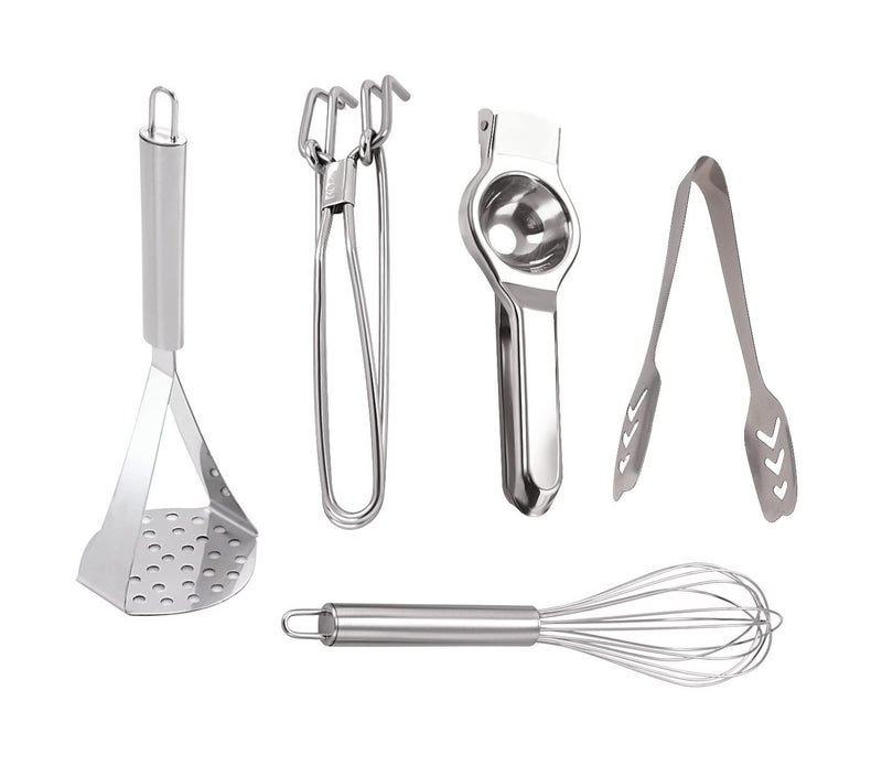 pass pass Stainless Steel, Kitchen Items for Lemon Juicer, Masher, Egg Whisk, Momo's Tong & Pakkar. (Combo of 5) - Image 1