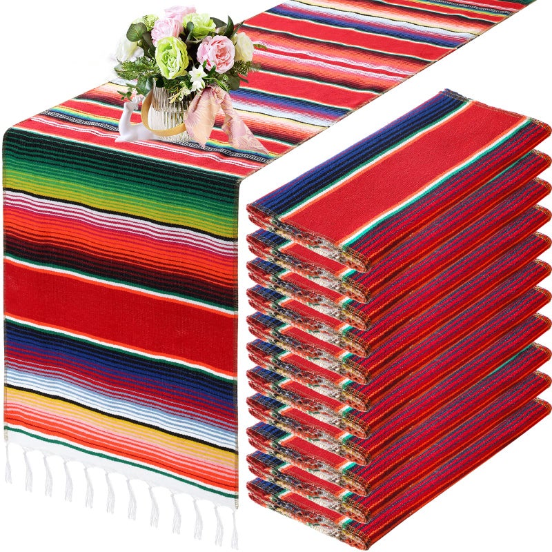 Tegeme 12 Pcs Mexican Table Runners 14 x 84 Inch Mexican Serape Table Runner Decor Blanket Fringe Cotton Table Runner Decoration for Cinco De Mayo Party WeddingFresh Style