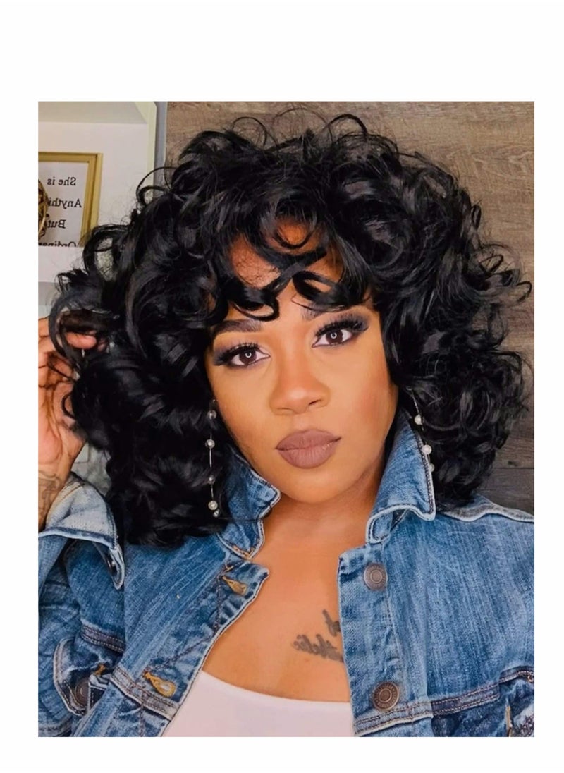 Excefore Short Curly Afro Wigs for Black Women 14'' Kinky Curly Wavy Black Wig with Bangs, Fashion Natural Looking Synthetic Hair Replacement Wigs Heat Resistant for Daily Party  - Image 1