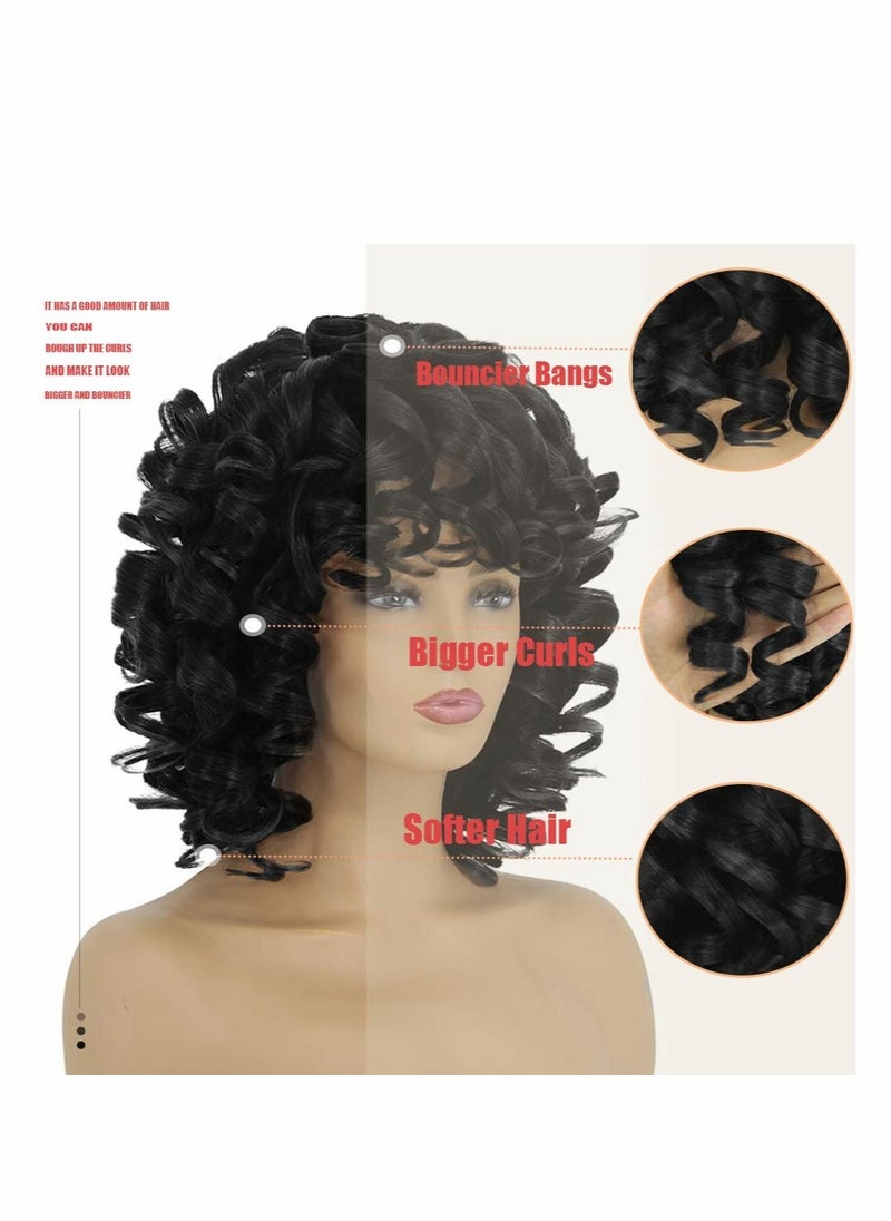 Excefore Short Curly Afro Wigs for Black Women 14'' Kinky Curly Wavy Black Wig with Bangs, Fashion Natural Looking Synthetic Hair Replacement Wigs Heat Resistant for Daily Party  - Image 5