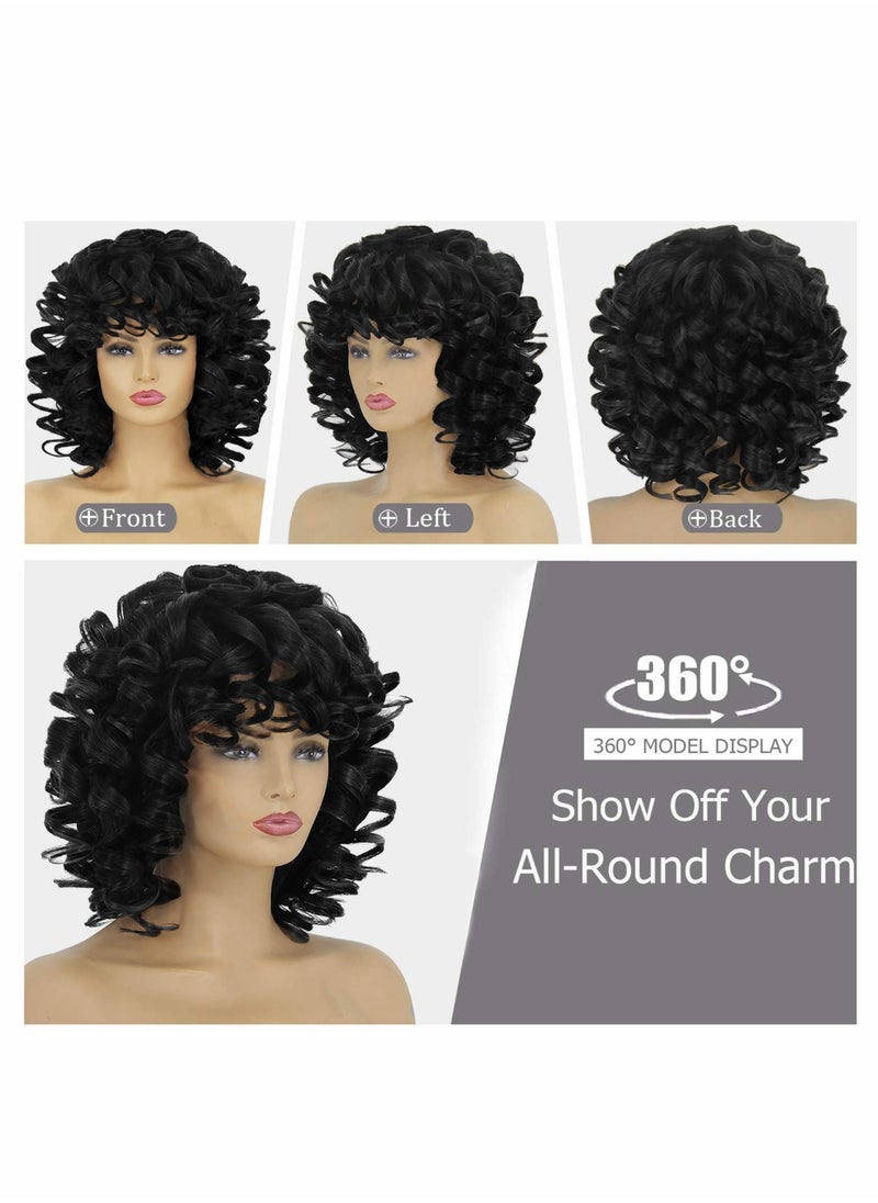 Excefore Short Curly Afro Wigs for Black Women 14'' Kinky Curly Wavy Black Wig with Bangs, Fashion Natural Looking Synthetic Hair Replacement Wigs Heat Resistant for Daily Party  - Image 2