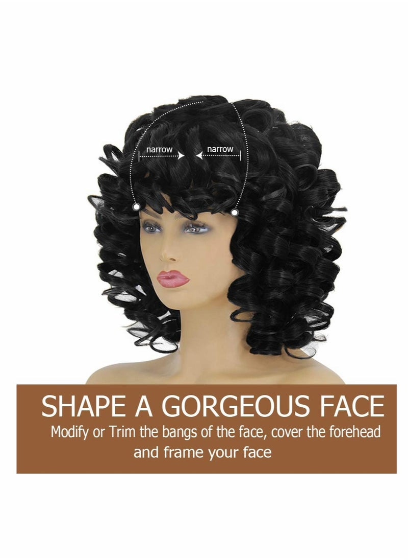 Excefore Short Curly Afro Wigs for Black Women 14'' Kinky Curly Wavy Black Wig with Bangs, Fashion Natural Looking Synthetic Hair Replacement Wigs Heat Resistant for Daily Party  - Image 4
