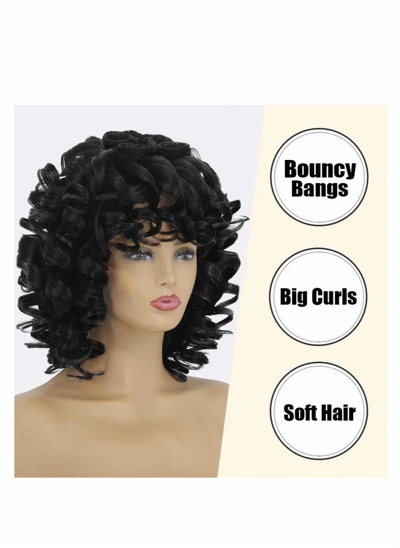 Excefore Short Curly Afro Wigs for Black Women 14'' Kinky Curly Wavy Black Wig with Bangs, Fashion Natural Looking Synthetic Hair Replacement Wigs Heat Resistant for Daily Party  - Image 3