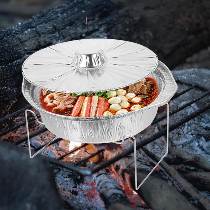 10pcs Heatable round Tinfoil Cooking Pots with Lids and Medium Iron Supports, Multi-function Foil Baking and Barbecue Pans for Outdoor Cooking and Food Packaging - Image 5