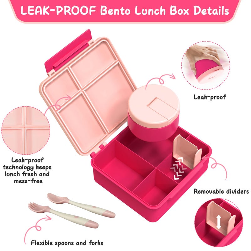 LOHASOK Bento Lunch Box Kids with 8oz Soup Thermo, Leak-Proof Lunch Containers with 4 Compartment, Thermo Hot Food Jar and Insulated Lunch Box for School Pink - Image 3