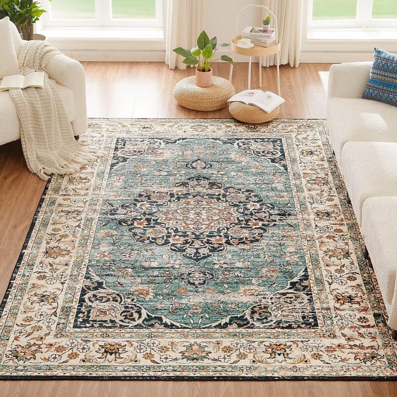 CHOSHOME Machine Washable Rugs for Living Room Large Vintage Area Rugs for Bedroom Soft Short Pile Rugs Non Slip Carpet Traditional Oriental Rug for Kitchen Dining Outdoor 200x290cm Blue Faux Wool Rug