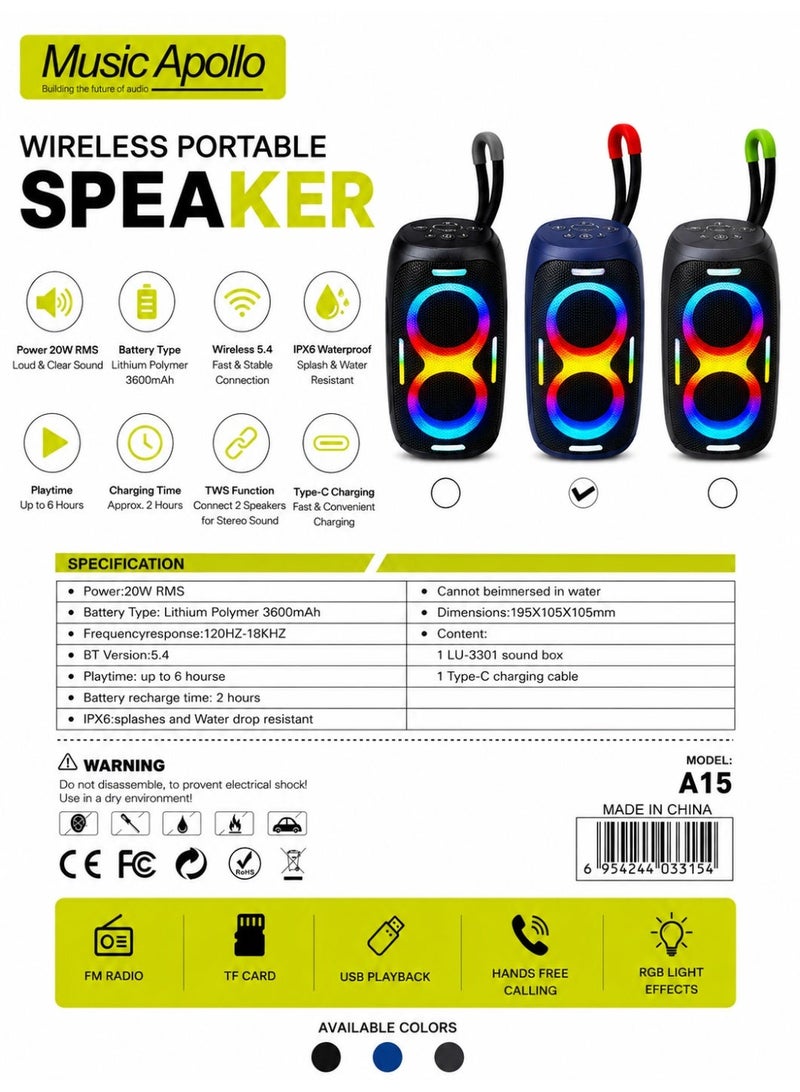 Music Apollo A15 Wireless Portable Bluetooth Speaker 20W RMS Sound RGB Light Effects, IPX6 Water Resistant, Bluetooth 5.4, 3600mAh Battery TWS Stereo Pairing, FM Radio, USB/TF Card Playback, Type-C Charging - Image 2