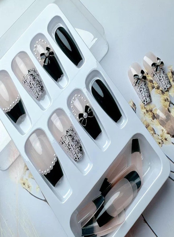 YKZFUI 24Pcs Press on Nails Medium Length Fake Nails with Black Bow Pearl Designs,Artificial Acrylic Full Cover Reusable Coffin False Nails, Women Glue on Nails Set,Stick on Nails for Nail Art - Image 5