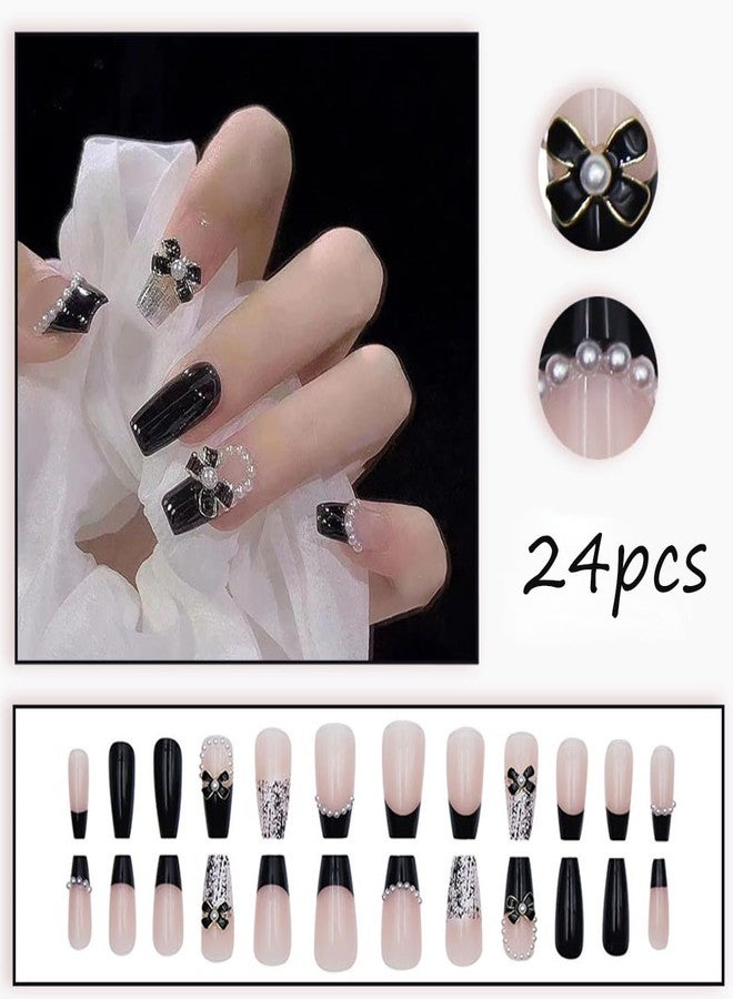 YKZFUI 24Pcs Press on Nails Medium Length Fake Nails with Black Bow Pearl Designs,Artificial Acrylic Full Cover Reusable Coffin False Nails, Women Glue on Nails Set,Stick on Nails for Nail Art - Image 4