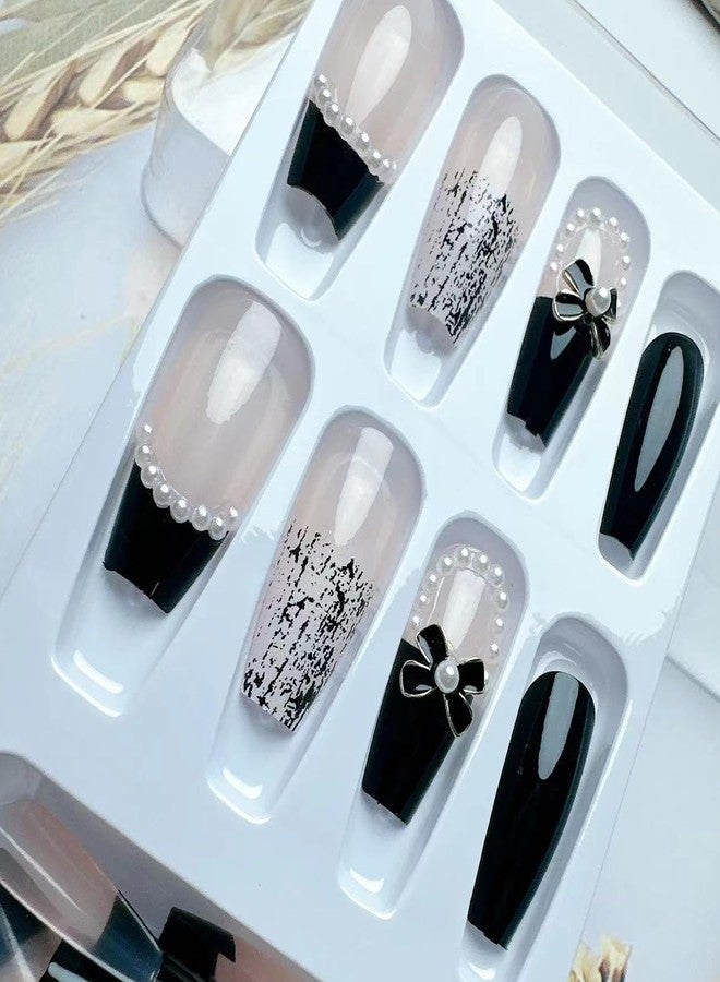 YKZFUI 24Pcs Press on Nails Medium Length Fake Nails with Black Bow Pearl Designs,Artificial Acrylic Full Cover Reusable Coffin False Nails, Women Glue on Nails Set,Stick on Nails for Nail Art - Image 3