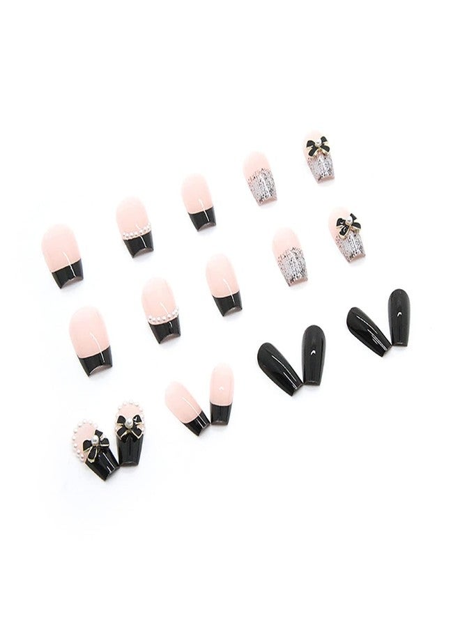 YKZFUI 24Pcs Press on Nails Medium Length Fake Nails with Black Bow Pearl Designs,Artificial Acrylic Full Cover Reusable Coffin False Nails, Women Glue on Nails Set,Stick on Nails for Nail Art - Image 2