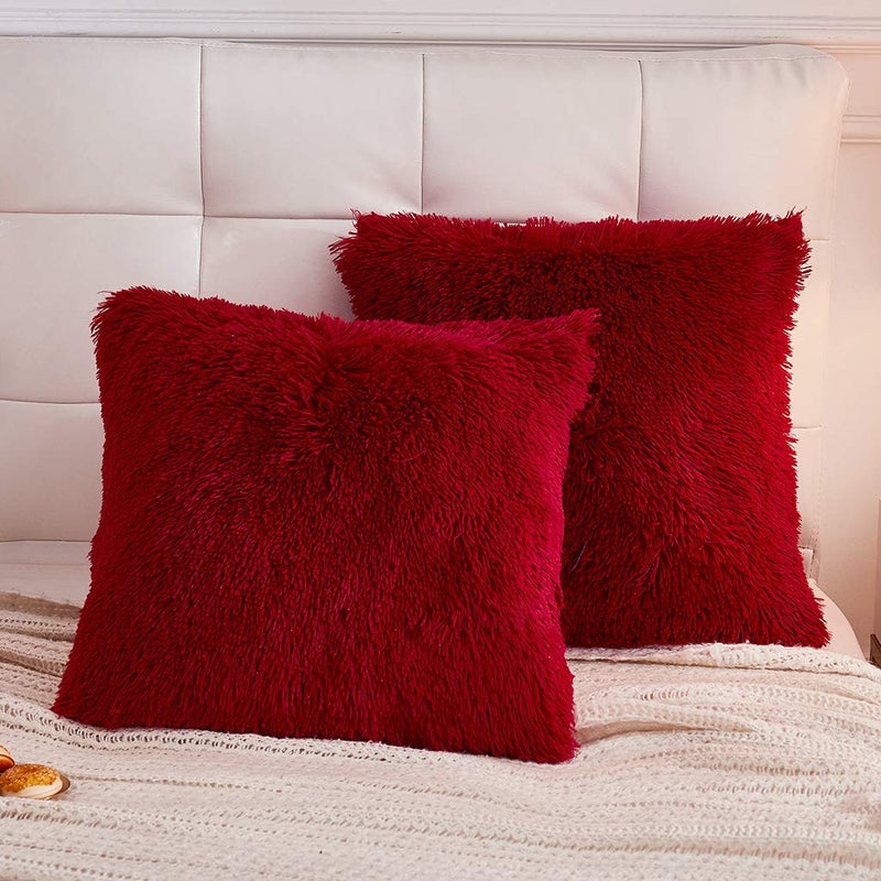 LIFEREVO 2 Pack Fluffy Faux Fur Pillow Shams18 x 18 Inches Throw Pillow CoversLuxury Decorative Furry Pillowcases Cushion Cover for ChristmasZipper ClosureNo Pillow InsertBurgundy