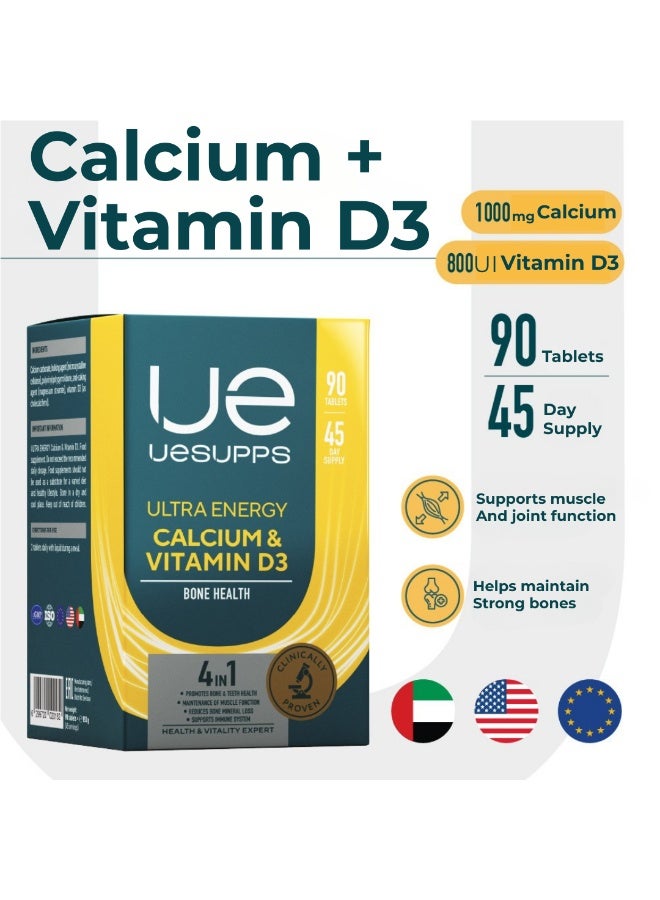 UESUPPS مكمل الكالسيوم وفيتامين د3 من UESUPPS | تركيبة الطاقة الفائقة مع كربونات الكالسيوم و400 وحدة دولية من فيتامين د3 لدعم العظام والعضلات وعمليات الأيض المعدنية اليومية | أقراص تغذية للبالغين | 90 قرص - Image 2