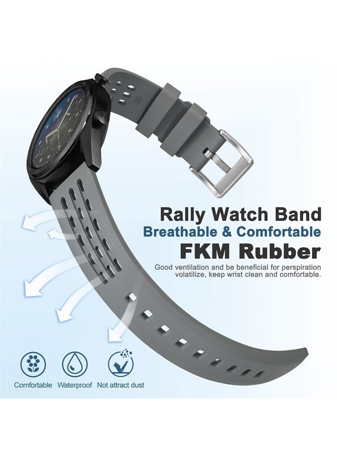 WOCCI 20mm Rally Watch Band, FKM Rubber Strap, Quick Release, Silver Brushed Buckle (Grey)