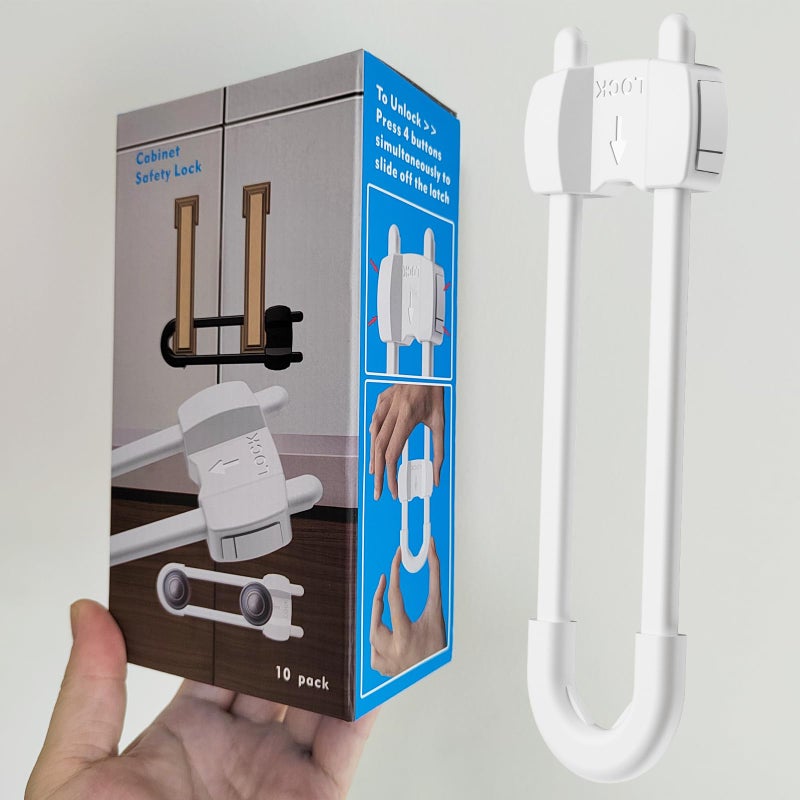 LRANFOW U-Shaped Baby Proof Cabinet Locks No Drilling Required, Adjustable Child Safety Latches for Cabinets Drawers Kitchen Doors, 10 Pack White - Image 2