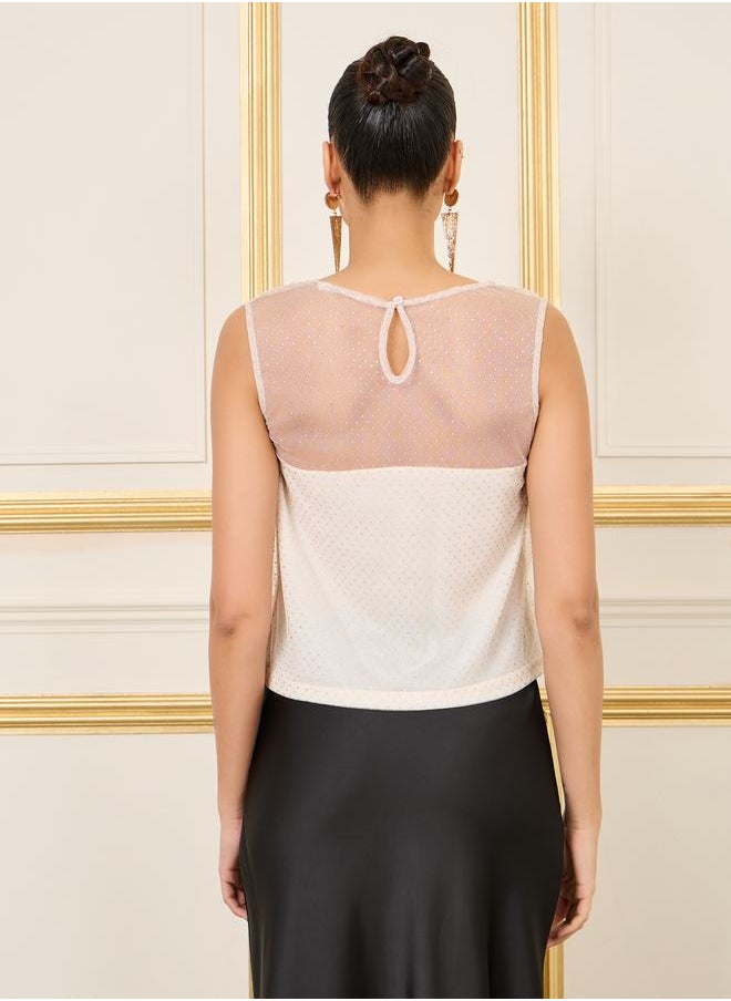 Styli - Embellished Mesh Insert Sleeveless Blouse - Image 1