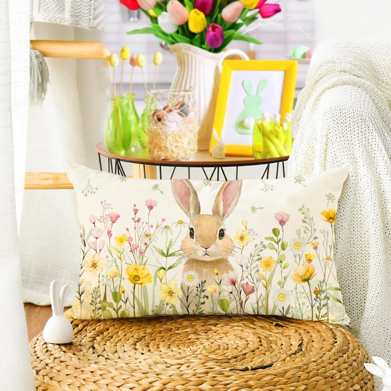 RABUSOFA Easter Pillow Cover 12x20 Inch,Bunny Rabbit Wildflowers Throw Pillow Case Decoration for Sofa Couch(4-12) (Bunny, 12" x 20" (Pack of 1)) - Image 4