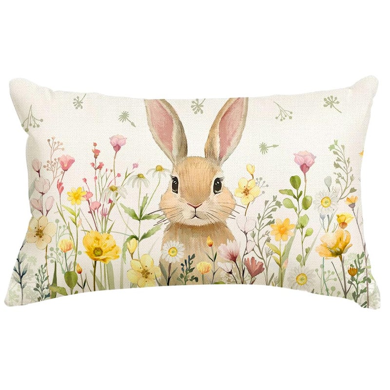 RABUSOFA Easter Pillow Cover 12x20 Inch,Bunny Rabbit Wildflowers Throw Pillow Case Decoration for Sofa Couch(4-12) (Bunny, 12" x 20" (Pack of 1)) - Image 1