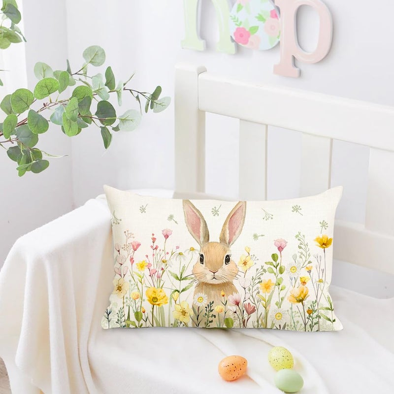 RABUSOFA Easter Pillow Cover 12x20 Inch,Bunny Rabbit Wildflowers Throw Pillow Case Decoration for Sofa Couch(4-12) (Bunny, 12" x 20" (Pack of 1)) - Image 2