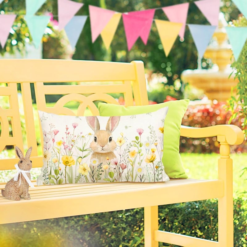 RABUSOFA Easter Pillow Cover 12x20 Inch,Bunny Rabbit Wildflowers Throw Pillow Case Decoration for Sofa Couch(4-12) (Bunny, 12" x 20" (Pack of 1)) - Image 3