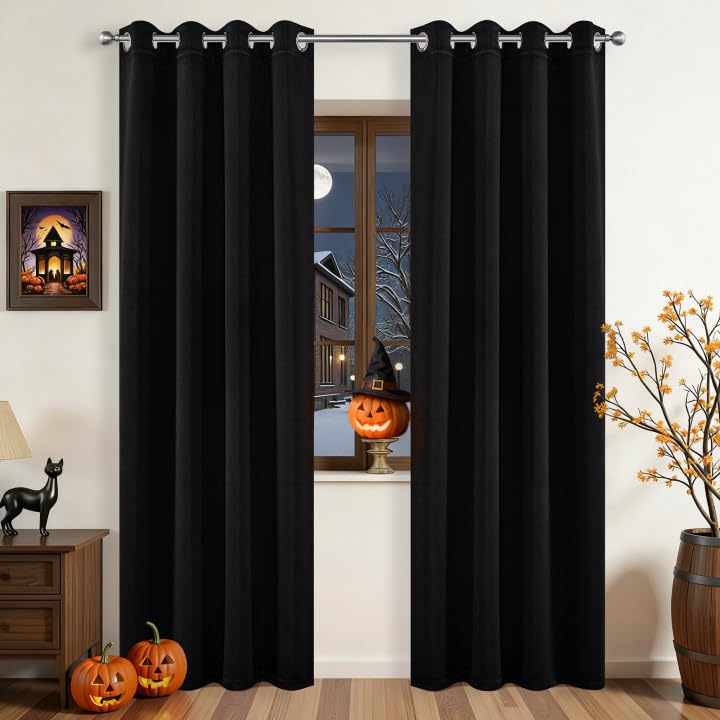 Joydeco Blackout Curtains for Bedroom,Black Out Curtains 84 Inch Long,Black Curtains with Grommets,Noise Reducing Energy Saving Wrinkle-Free Drapes for Living Room,Halloween Window Treatments 2 Panels - Image 1