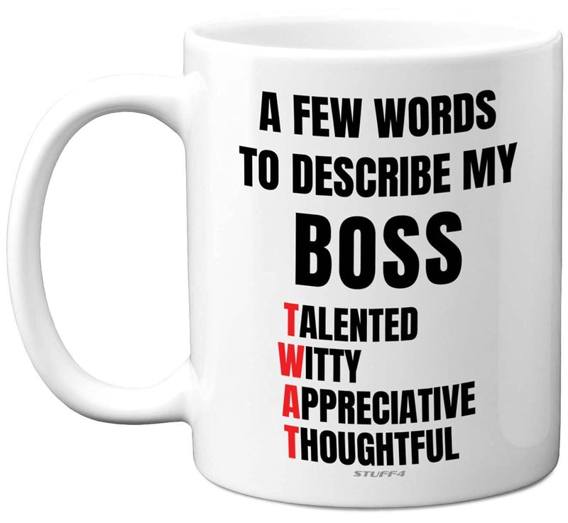Funny Novelty Gifts for Your Boss  A Few Words to Describe My Boss Mug  Funny Mugs for Men Rude Gifts Women Secret Santa Work Colleagues 11oz Ceramic Dishwasher Safe Made in UK