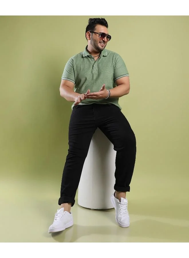 Instafab Plus Men's Olive Green Self-Design Horizontal Striped T-Shirt