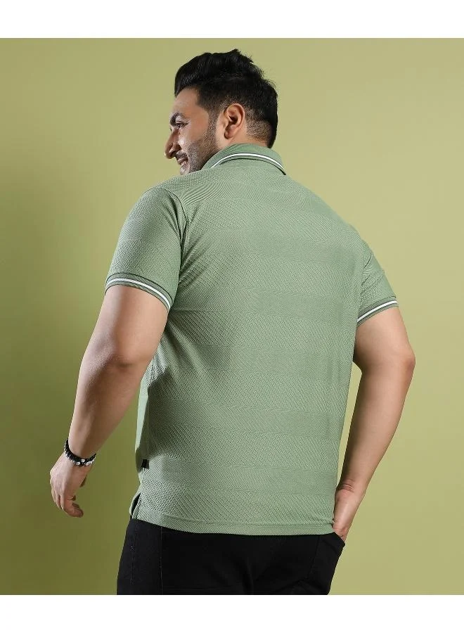 Instafab Plus Men's Olive Green Self-Design Horizontal Striped T-Shirt