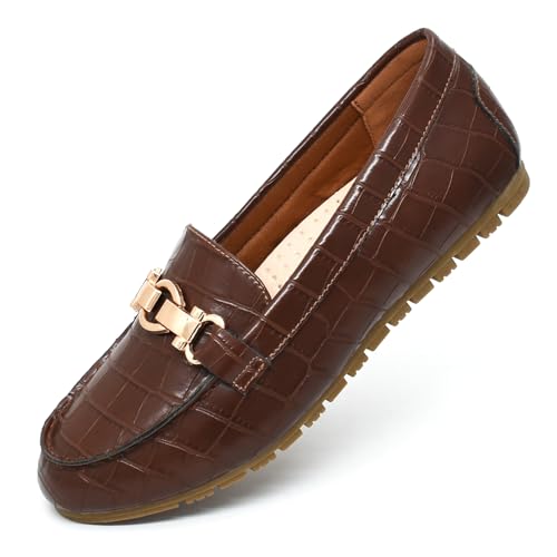 Cvistpieo Loafers for Women Business Casual Shoes Comfortable & Lightweight Penny Loafers Slip On Work Flats Leather Stone Brown Size 9