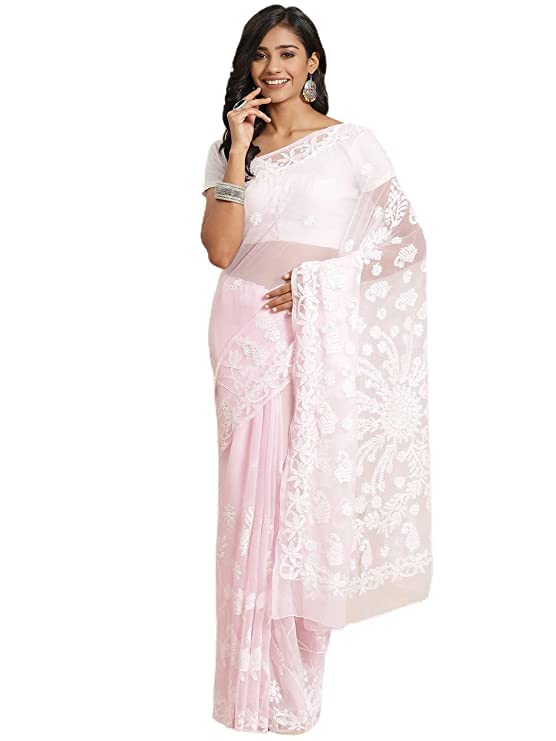 Ada Women's Hand Embroidered Lucknow Chikan Faux Georgette Saree with Unstitched Blouse A311337 Baby Pink - Image 1