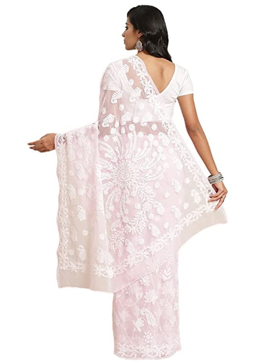 Ada Women's Hand Embroidered Lucknow Chikan Faux Georgette Saree with Unstitched Blouse A311337 Baby Pink - Image 2