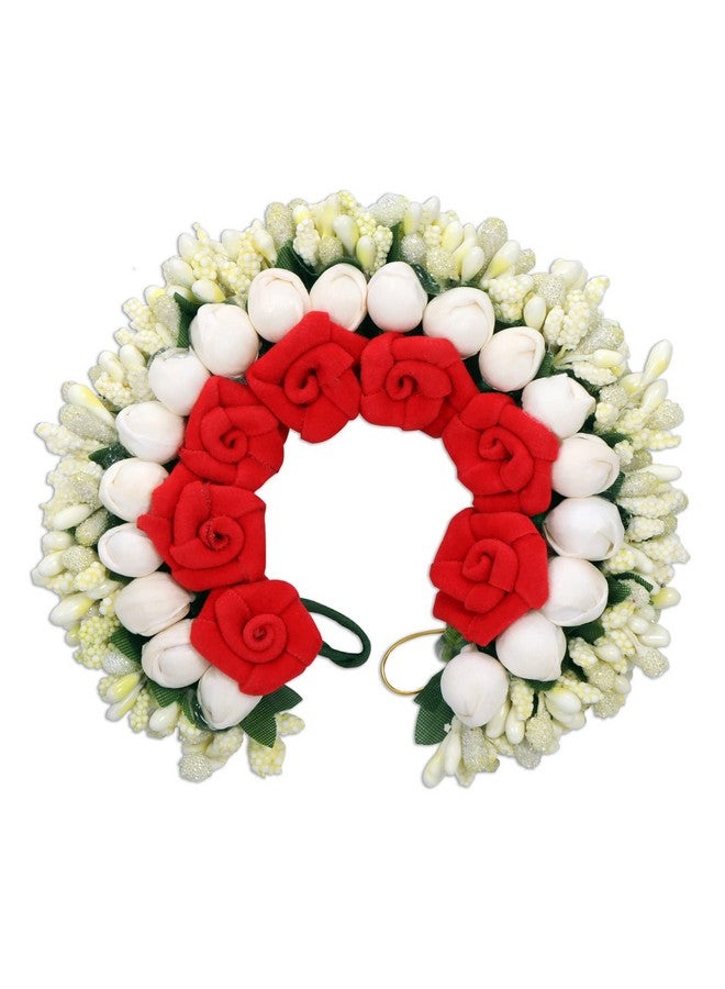 Accessher Tiny Red Roses & Ivory-Toned Handcrafted Beaded Floral Gajra Style Hair Bun Accessory - Image 1