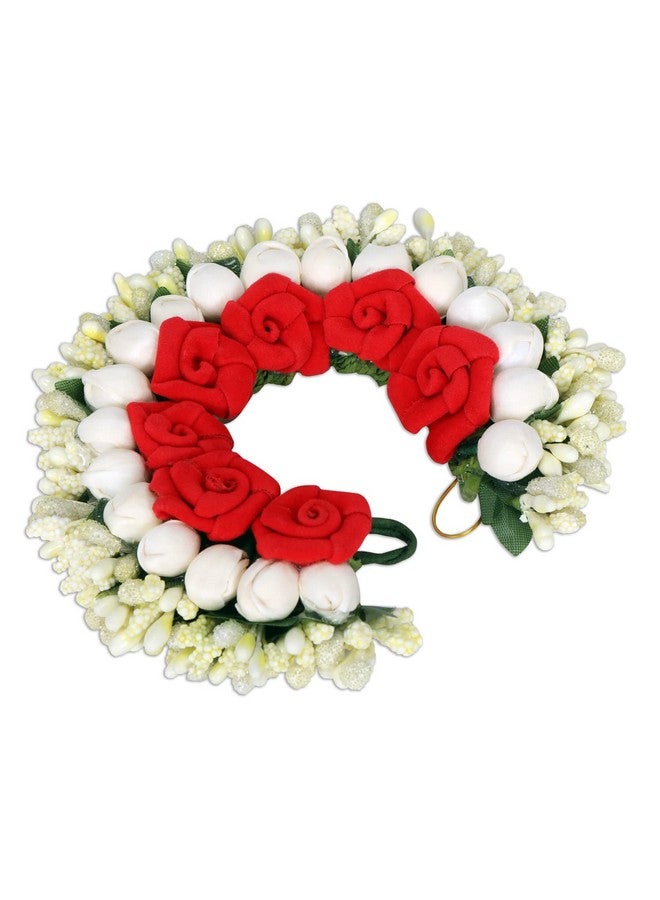 Accessher Tiny Red Roses & Ivory-Toned Handcrafted Beaded Floral Gajra Style Hair Bun Accessory - Image 2