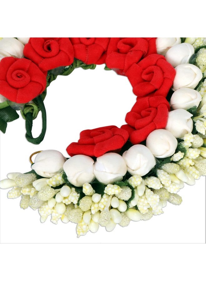 Accessher Tiny Red Roses & Ivory-Toned Handcrafted Beaded Floral Gajra Style Hair Bun Accessory - Image 3