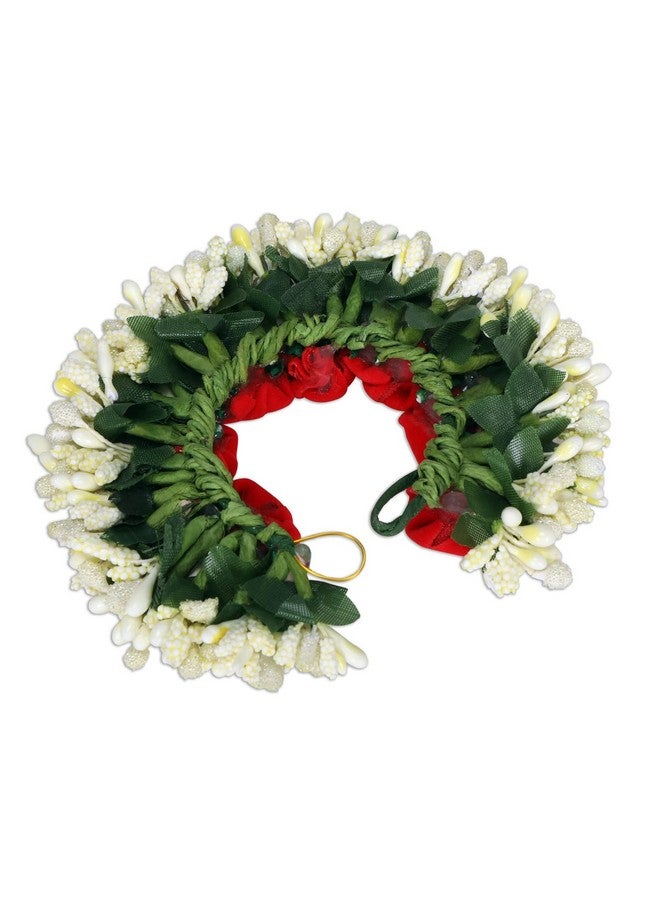 Accessher Tiny Red Roses & Ivory-Toned Handcrafted Beaded Floral Gajra Style Hair Bun Accessory - Image 4