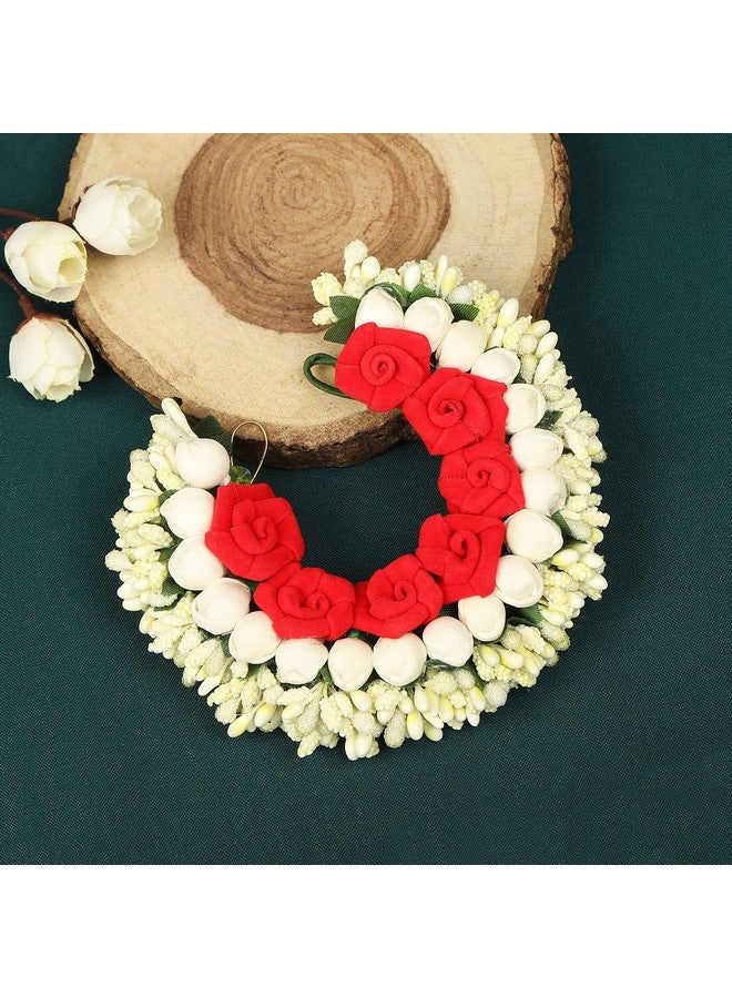 Accessher Tiny Red Roses & Ivory-Toned Handcrafted Beaded Floral Gajra Style Hair Bun Accessory - Image 5