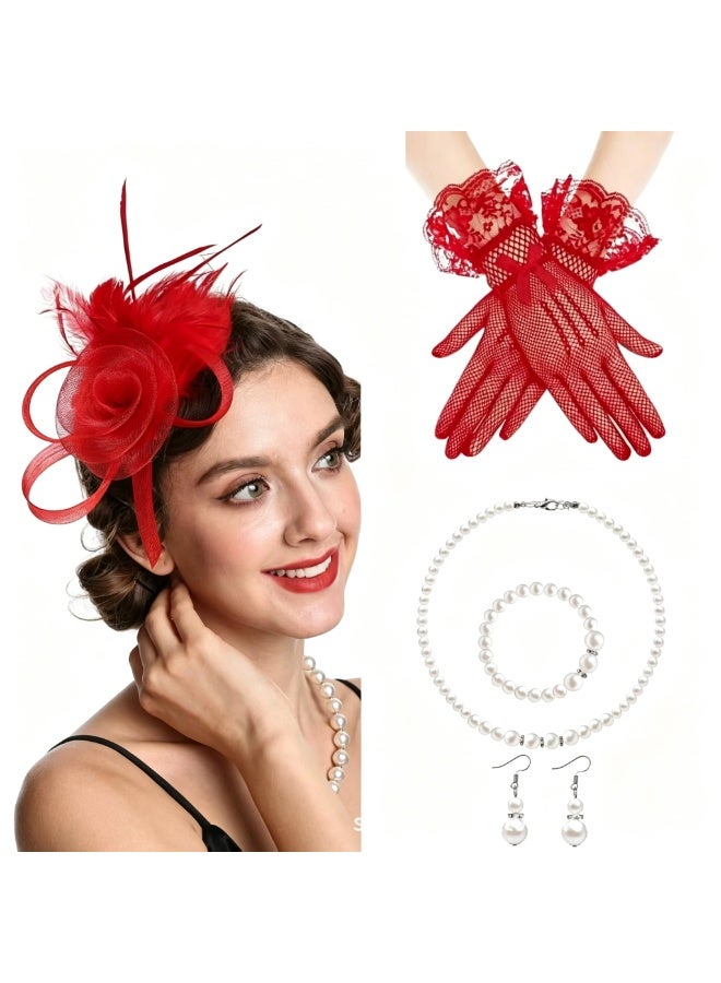 OMEVE 5 Pcs Party Fascinators Hat Veil Set with Mesh Flower Feather Fascinator Headband Pearl Jewelry & Lace Short Gloves for Girls and Women - Elegant Wedding Party Hat Tea Headwear Costume Accessories for Wedding Tea Party Derby Race Cosplay - Image 1
