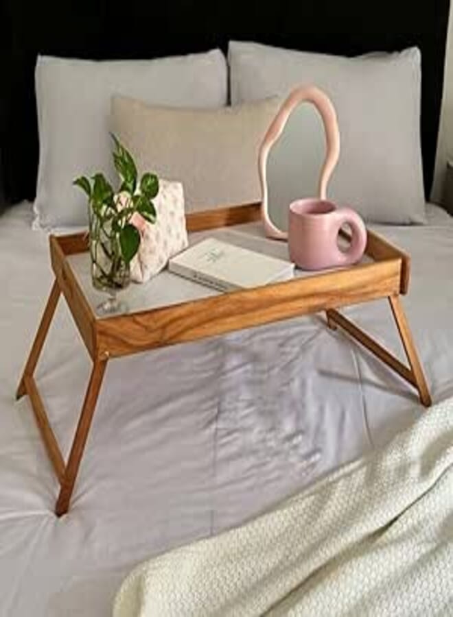 Generic Stalis Wooden Bed Tray Table with Foldable Legs, 70 x 42 cm, Waterproof Melamine Plywood Top .#