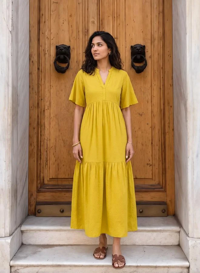 Mustard Dobby Tiered Maxi Dress