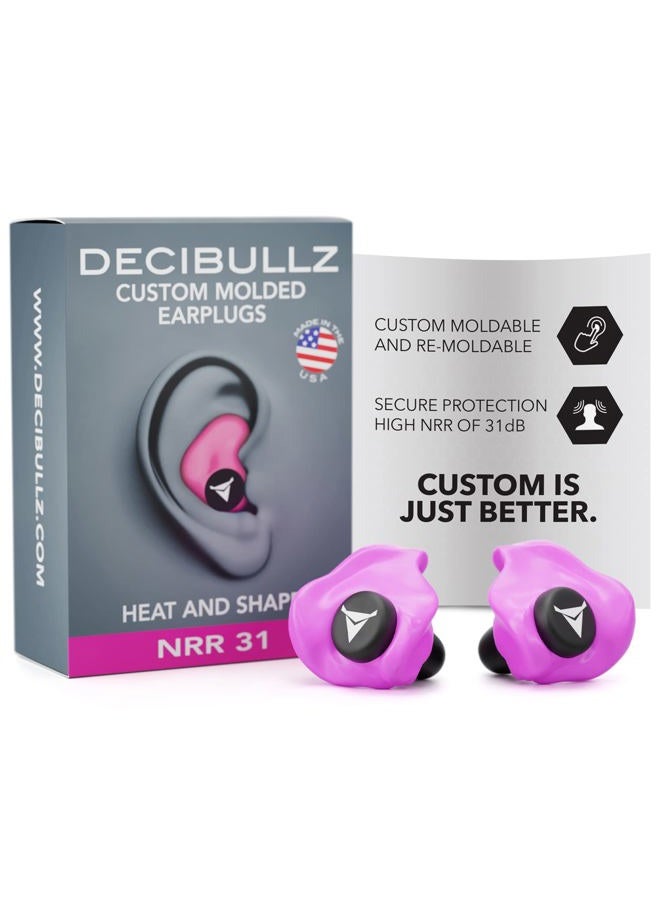 Decibullz Custom Molded Earplugs, 31dB Highest NRR, Comfortable Hearing Protection for Shooting, Travel, Swimming, Work and Concerts (Pink) - Image 1