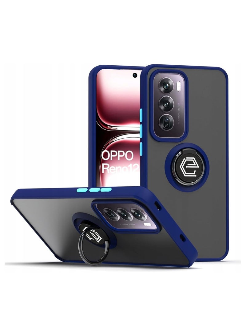 Oppo Reno12 Case Flexible Silicone Protective Bumper Camera Protection Translucent Shockproof Matte Back Cover with 360 rotational Ring Holder For Reno 12 2024 Blue