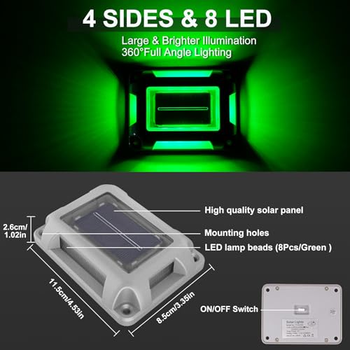 CREPOW Solar Green Deck Lights Driveway Dock Lights St. Patrick's Day Decor Light- 8 Packs Waterproof 1200mAh Outdoor LED Aluminum Dock Lighting Road Markers for Driveway Sidewalk Garden Pathway Yard - Image 3
