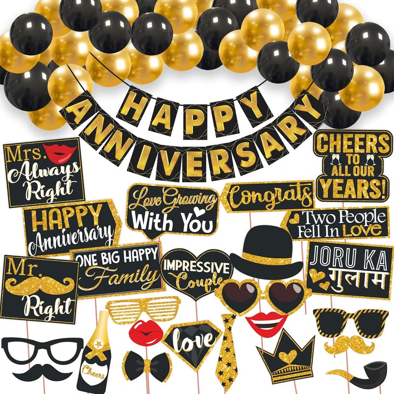 Wobbox Anniversary Party Props with Black & Golden Simer Font Bunting Banner & Balloon, Anniversary Party Decoration (47 Pcs Combo) - Image 1