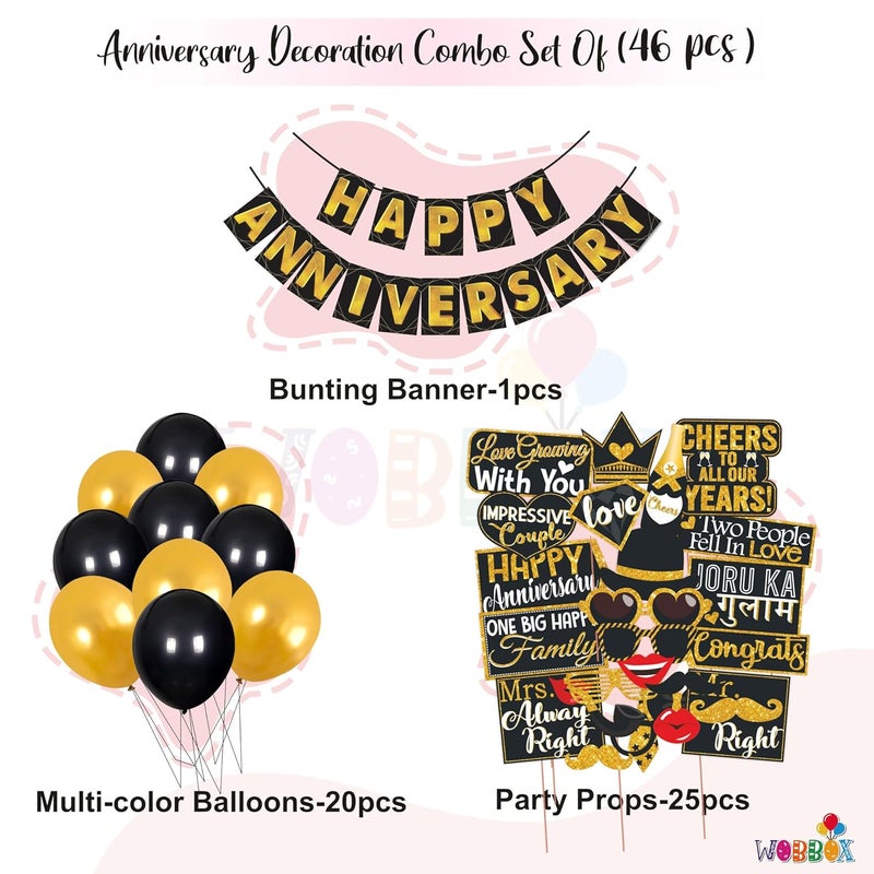 Wobbox Anniversary Party Props with Black & Golden Simer Font Bunting Banner & Balloon, Anniversary Party Decoration (47 Pcs Combo) - Image 2