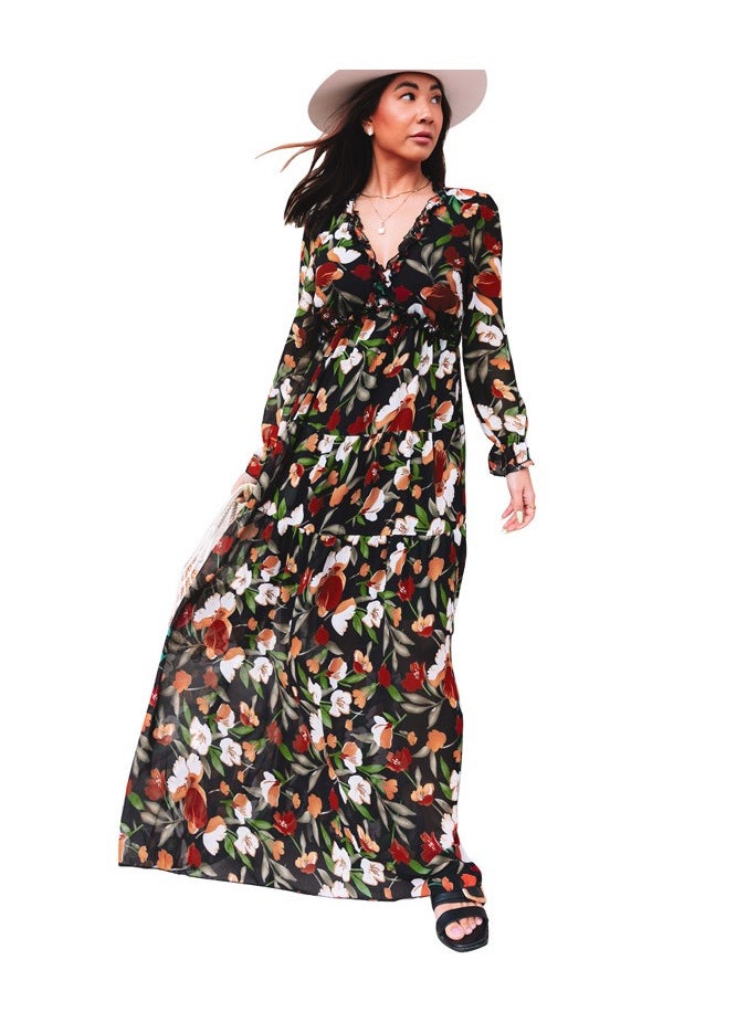 Loquat Thin Gauze Floral Long Sleeved Dress 